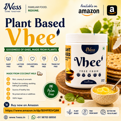 1Ness Vhee Plant Based Ghee Alternative, Dairy Free, Lactose Free, Cholesterol Free & Palm Oil Free, for Cooking, Tadka, Frying & Baking, 500ml