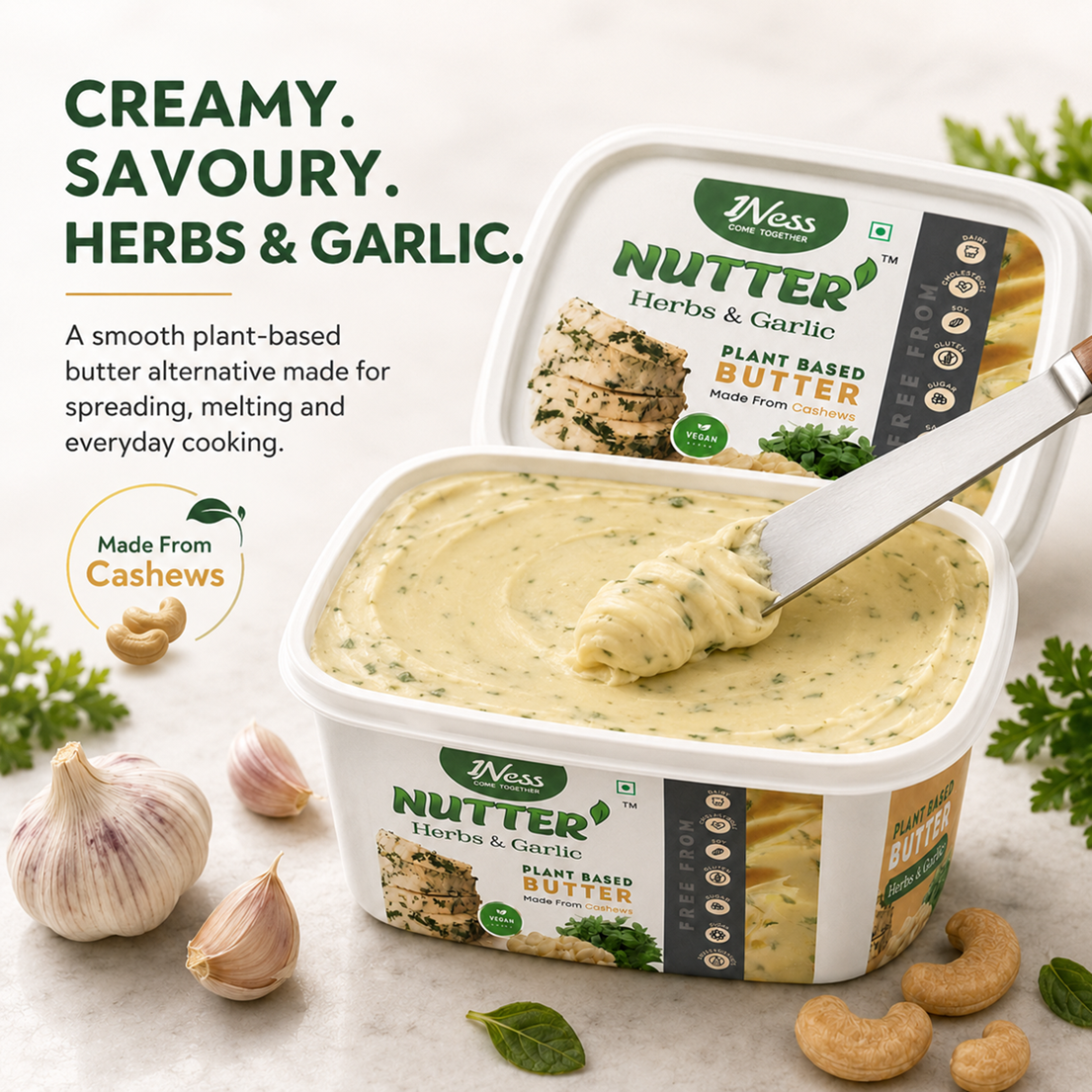 1Ness Herbs Nutter Plant Based Herbs & Garlic Butter Alternative | Dairy Free Butter Spread for Toast, Garlic Breads, Pastas & Baking | Lactose Free, Cholesterol Free & Palm Oil Free (200g)