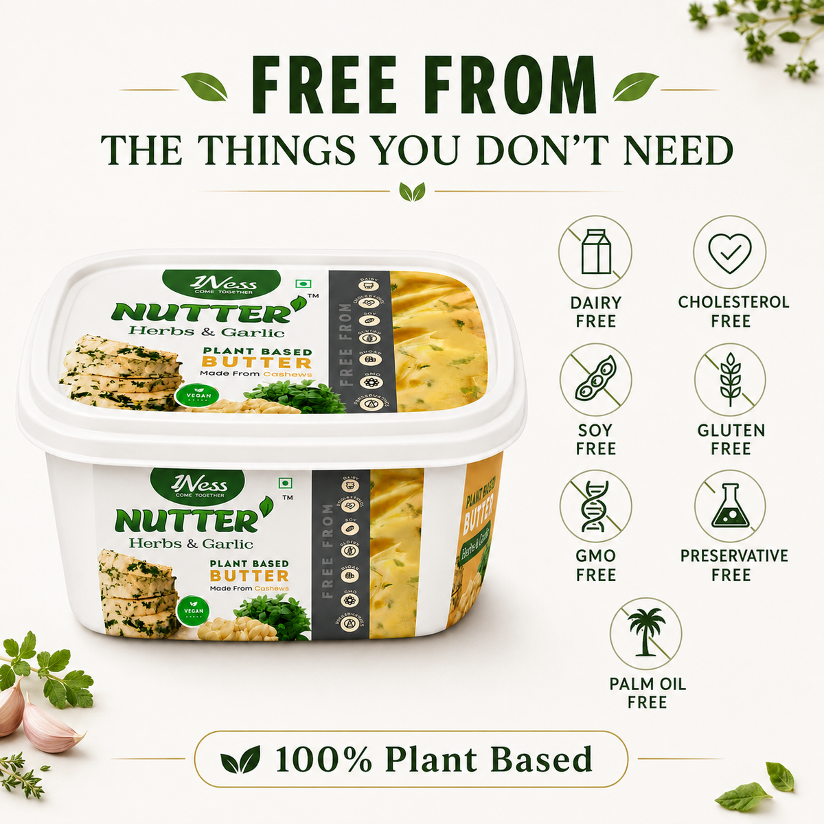 1Ness Herbs Nutter Plant Based Herbs & Garlic Butter Alternative | Dairy Free Butter Spread for Toast, Garlic Breads, Pastas & Baking | Lactose Free, Cholesterol Free & Palm Oil Free (200g)