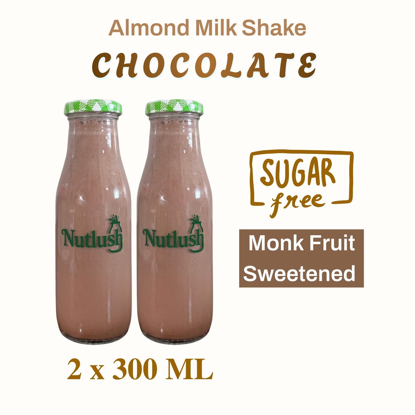 Nutlush Chocolate Milkshake Sugar Free | Regular (Made with Fresh Almond Milk), Pack of 2 × 300ml