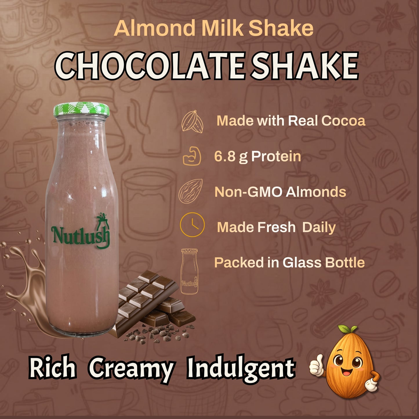 Nutlush Chocolate Milkshake Sugar Free | Regular (Made with Fresh Almond Milk), Pack of 2 × 300ml