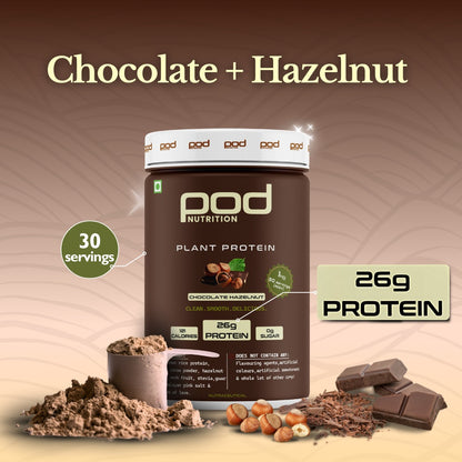 POD NUTRITION Pea Protein Isolate Powder | Vegan Plant Protein, No Added Sugar, Dairy Free| Clean & Easy to Digest with Essential Amino Acids (1kg, Chocolate Hazelnut)