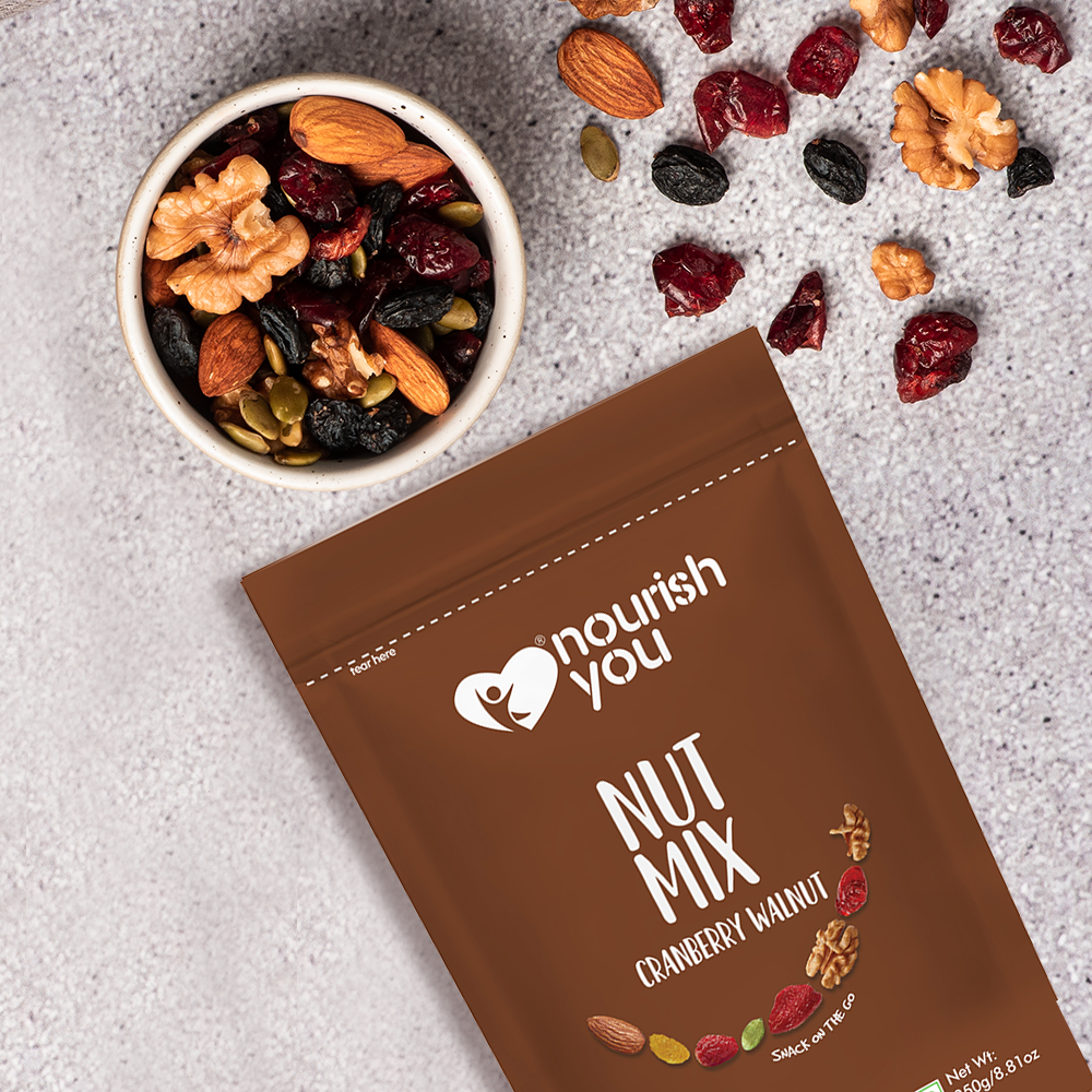 NOURISH YOU CRANBERRY WALNUT MIX 250Gms- Almonds , Walnuts , Raisins & Pumpkin.