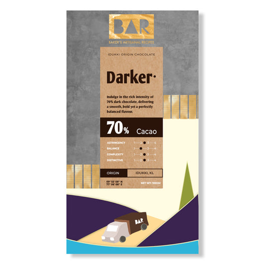 BAR 70% Dark Chocolate | Darker | 100 gm | Bean to Bar | Artisanal Chocolate | Single Origin Idukki Cocoa | Bittersweet Intensity | Bangalore Only