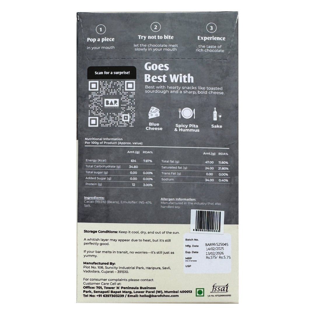 BAR 99.5% Dark Chocolate | Darkest | 100 gm | Bean to Bar | Artisanal Chocolate | Single Origin Mangalore Cocoa | Extra Bold | Bangalore Only