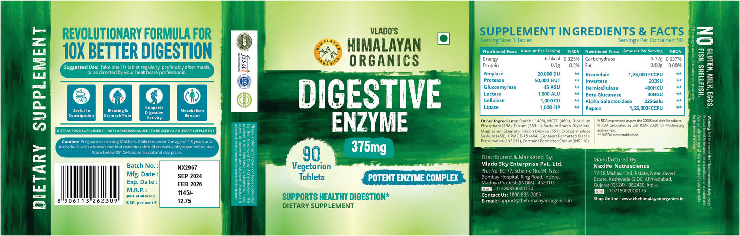 Vlado's Himalayan Organics Digestive Enzyme for Healthy Digestion- 90 Veg Tablets