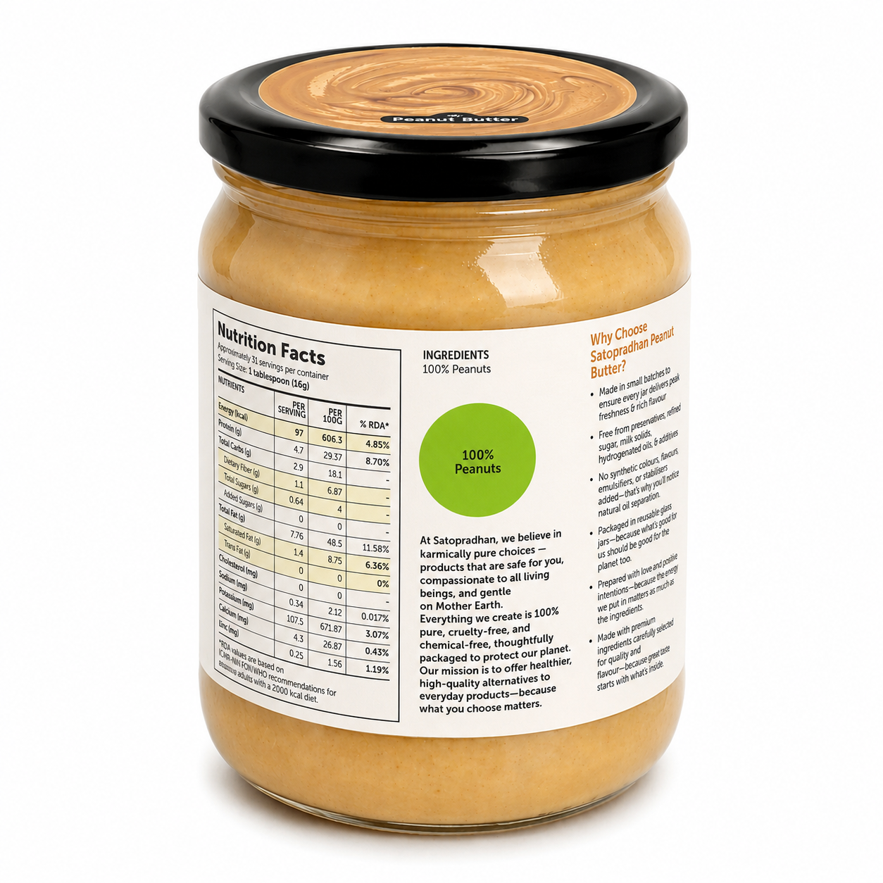 Sugar Free Plain Peanut Butter 500g – Creamy - Unsweetened - 100% Peanuts