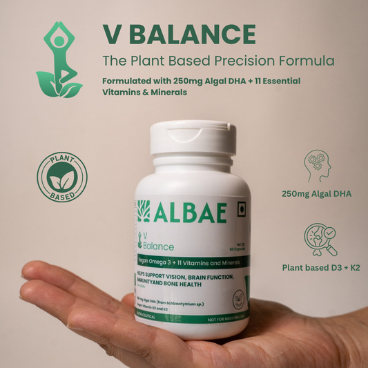 Albae V-Balance | 250mg Algal DHA Omega-3 + 11 Essential Vitamins & Minerals | Multivitamin | Targeted Nutrition for Plant-Based Diets | Vitamin D3, K2, Calcium, B12 & Iron | 60 Lemon-Scented Plant Based Softgels