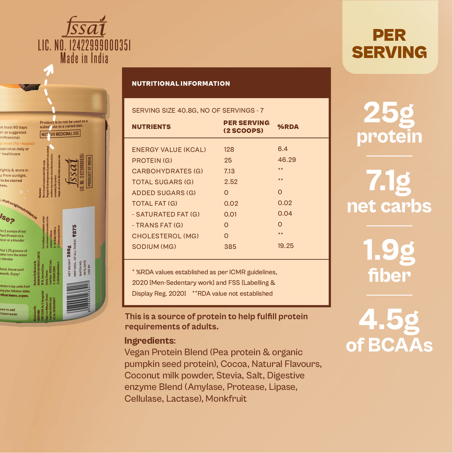 Origin Nutrition Plant Protein Powder Chocolate Flavour With 25g Protein Per Serving,286g