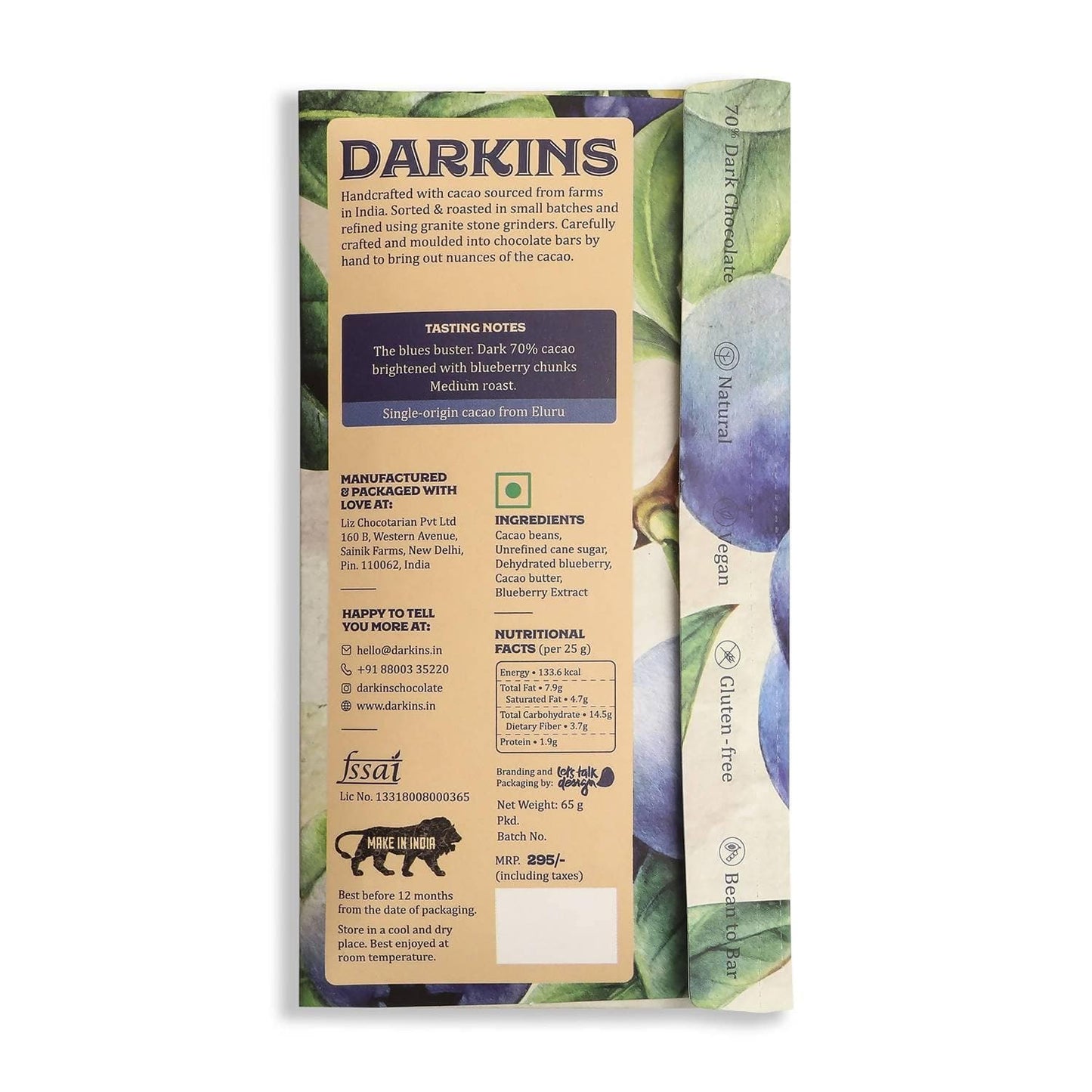 Darkins Dark Chocolate 70% Dark With Blueberry & 70% Dark With Almonds (65g x 2)