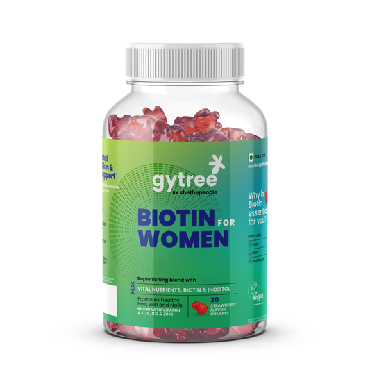 Gytree Biotin Gummies for Women with Vital Nutrients & Inositol | Vitamins C, A, E, B6, Folate, Zinc | For Hair Growth | Strawberry Flavoured | No Gelatin, No Soy (30)