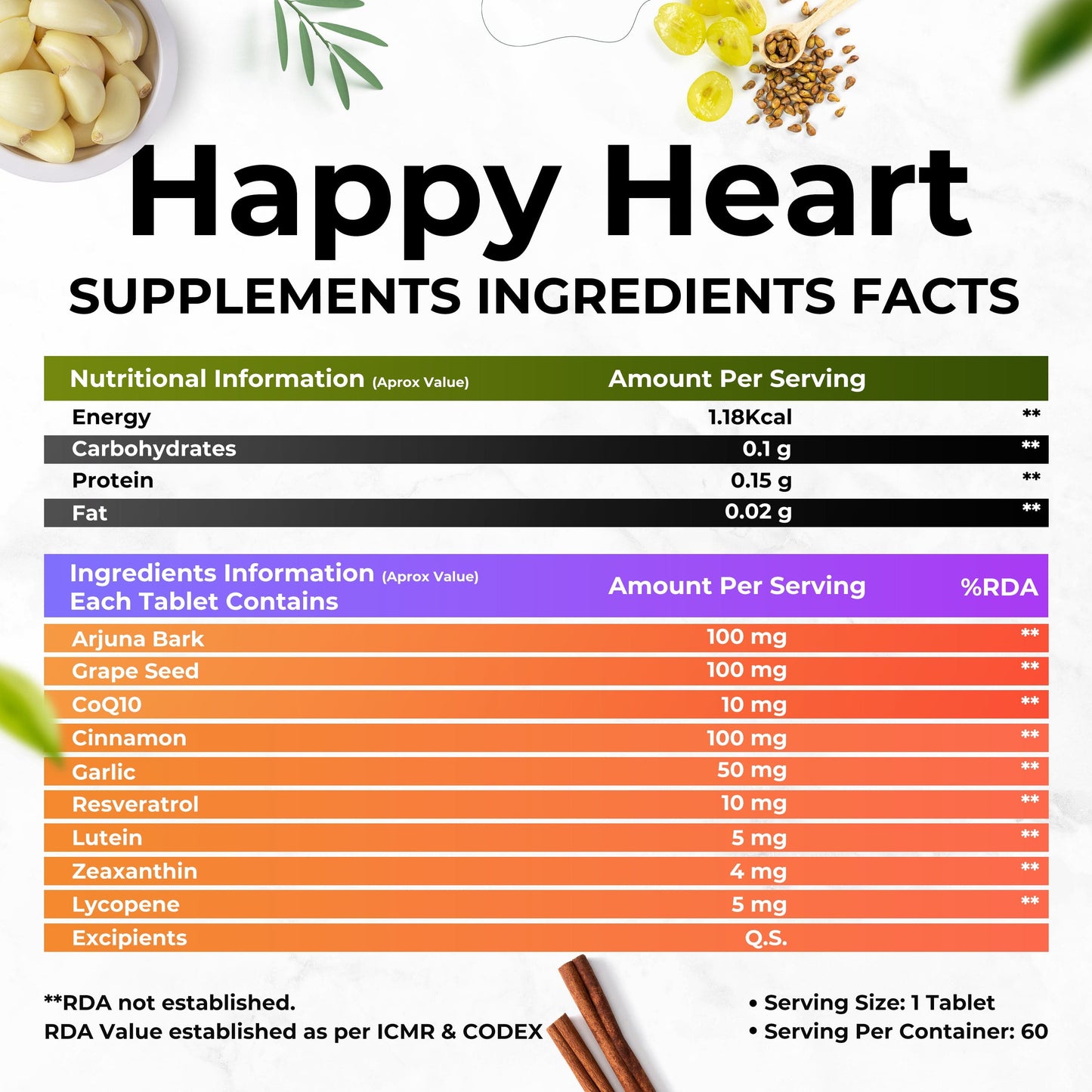 Health Veda Organics Happy Heart Supplement with Arjuna Bark, Grape Seed & Other Ingredients | 60 Veg Tablets | Supports Heart Health & Enhances Blood Circulation