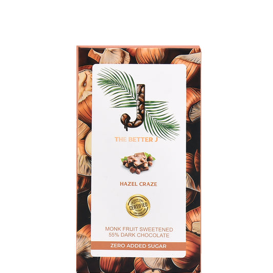 Hazel Craze hazelnut-infused vegan dark chocolate bar, zero added sugar and monk fruit sweetened by The Better J