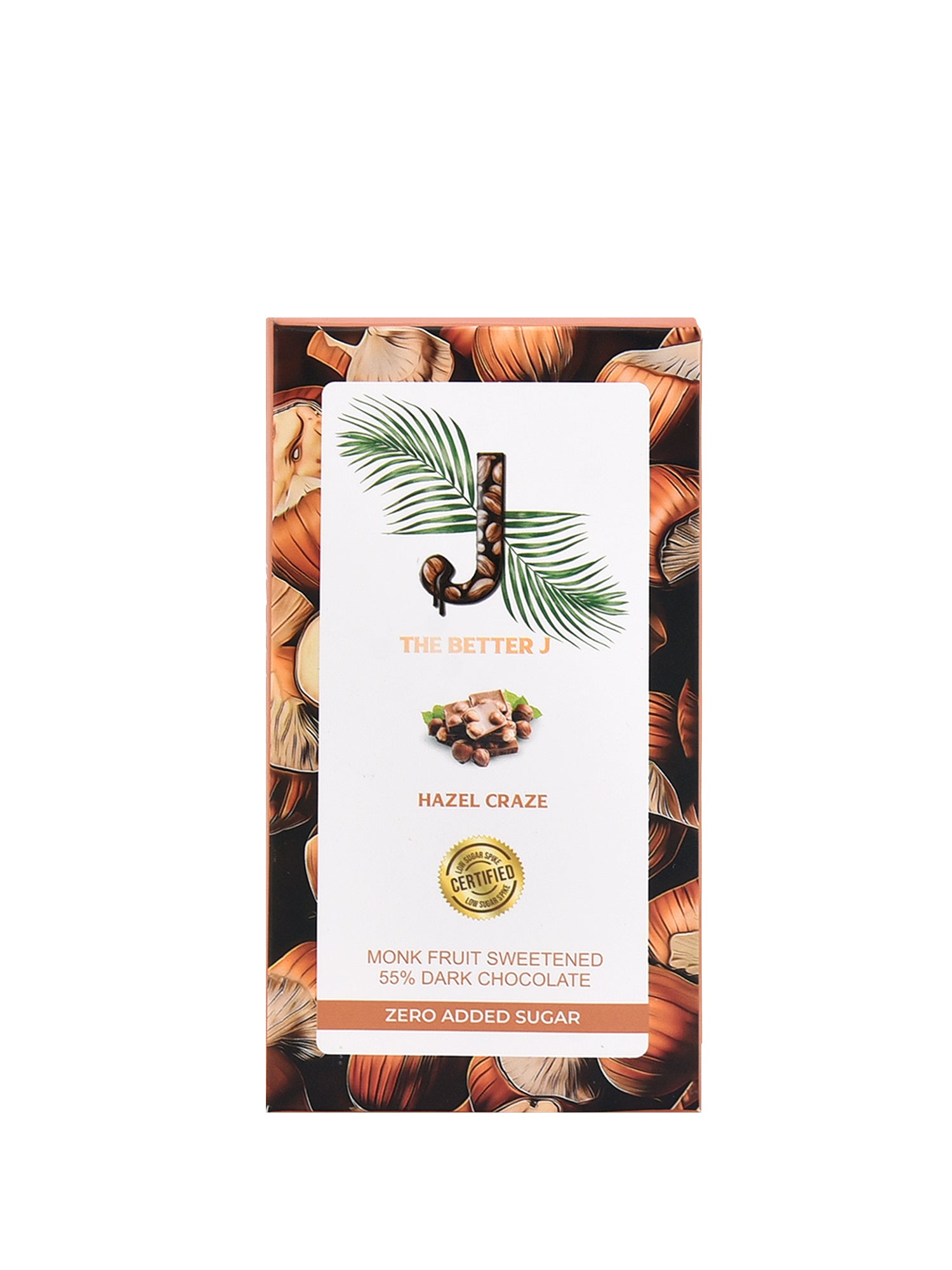 Hazel Craze hazelnut-infused vegan dark chocolate bar, zero added sugar and monk fruit sweetened by The Better J