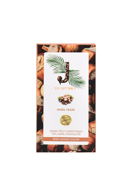 Hazel Craze hazelnut-infused vegan dark chocolate bar, zero added sugar and monk fruit sweetened by The Better J