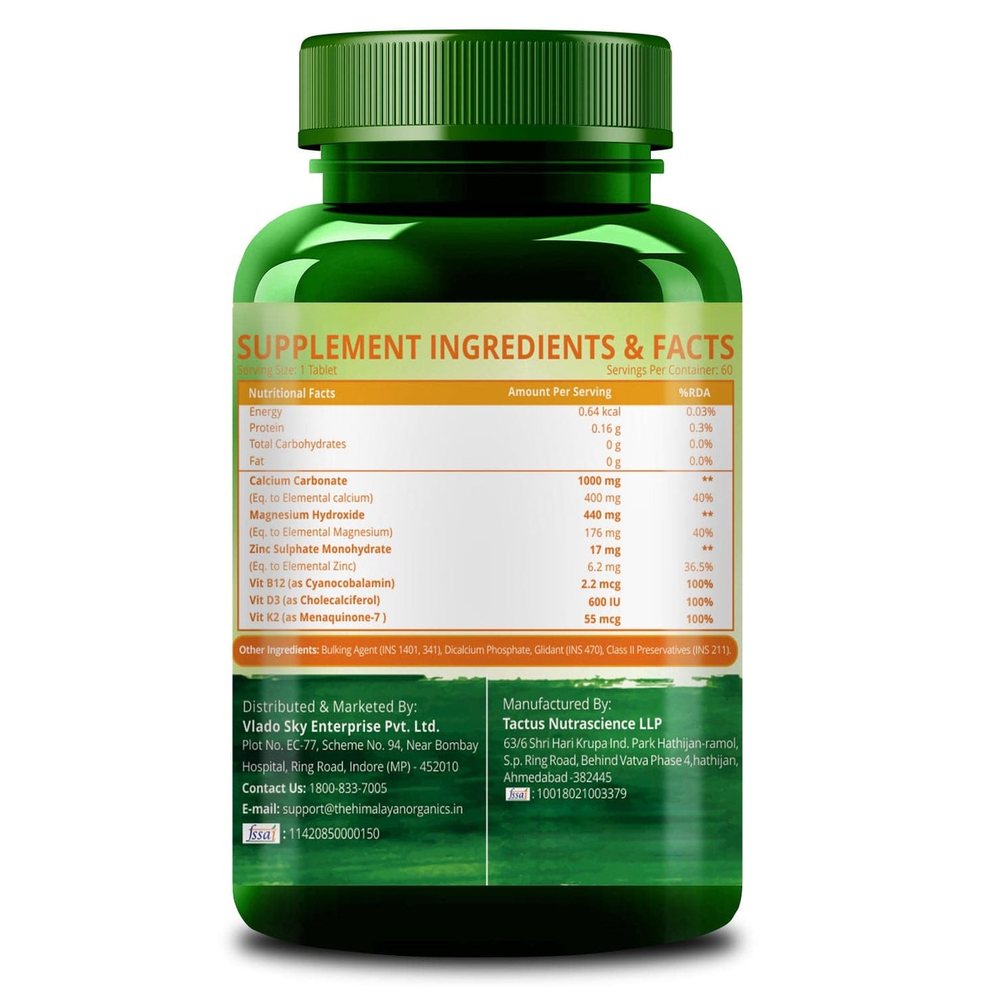Himalayan Organics Calcium Magnesium Zinc Vitamin D3 & B12- 60 Vegetarian Tablets
