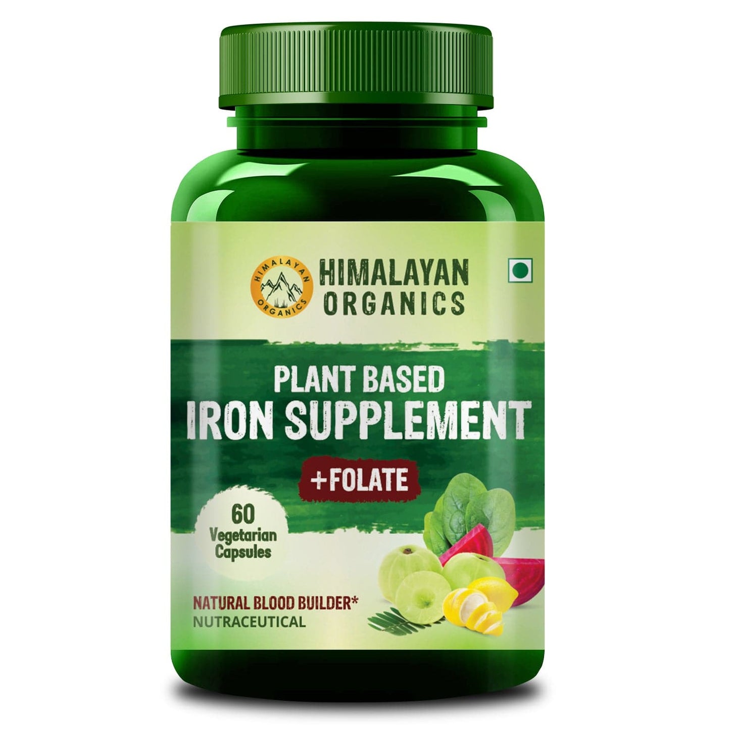 Himalayan Organics Plant Based Iron Supplement with Folate | Improved Hemoglobin & Oxygen Capacity | Stomach Friendly | Boost Energy - 60 Veg Capsules