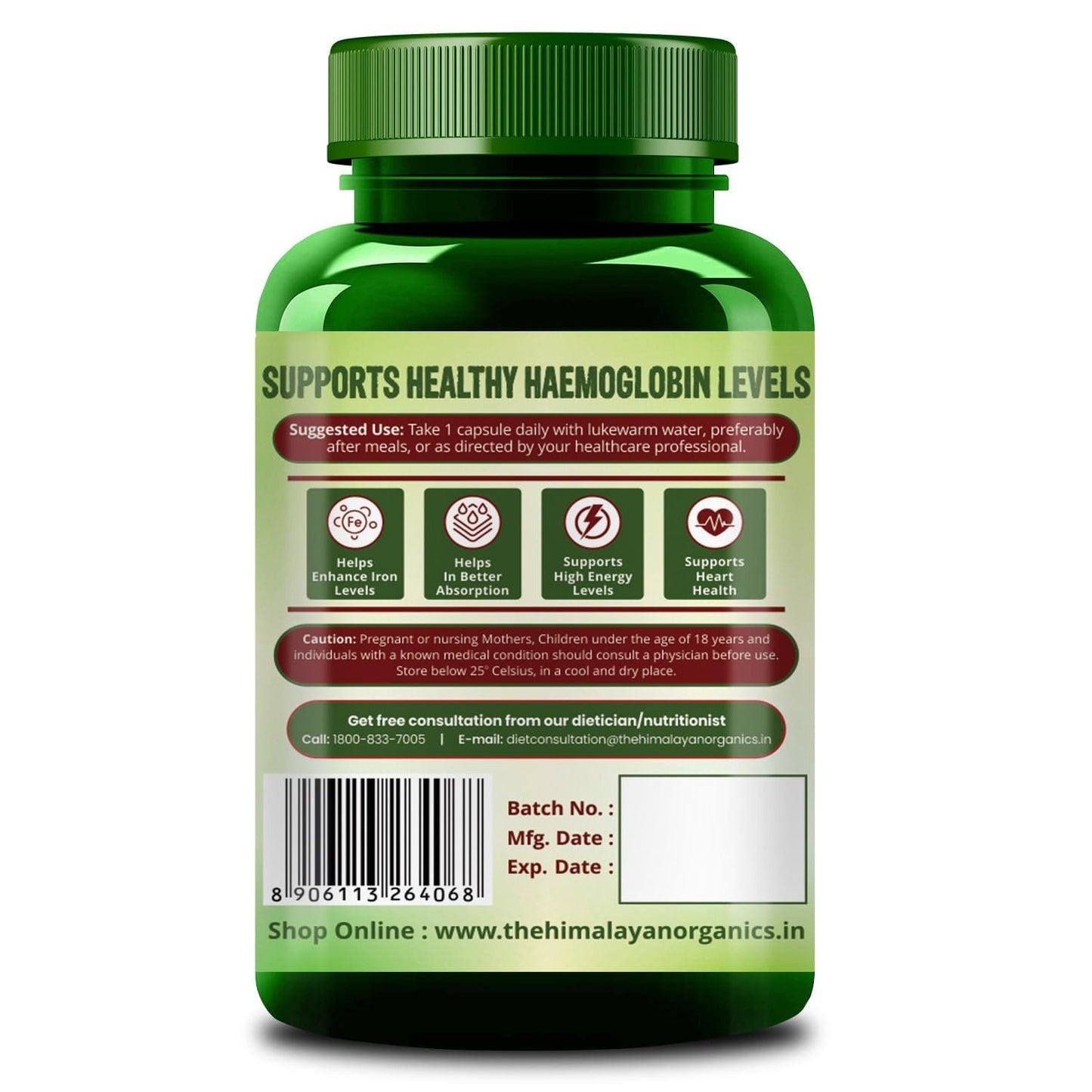 Himalayan Organics Plant Based Iron Supplement with Folate | Improved Hemoglobin & Oxygen Capacity | Stomach Friendly | Boost Energy - 60 Veg Capsules