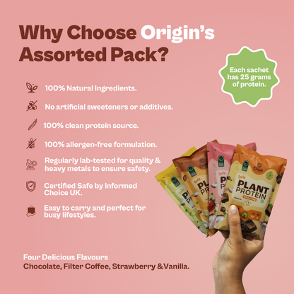 Origin Nutrition Plant Protein Powder, Assorted Pack , 4 sachets (Chocolate, Strawberry, Vanilla and Filter Coffee) , Single Servings