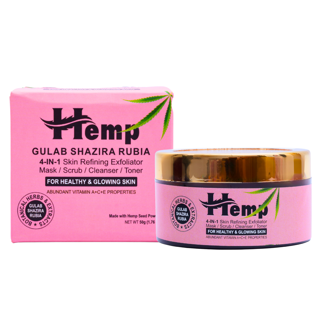 INDUS HEMP GULAB SHAZIRA RUBIA | 4-IN-1 SKIN REFINING EXFOLIATOR MASK / SCRUB/ CLEANSER/ TONER | FOR HEALTHY & GLOWING SKIN