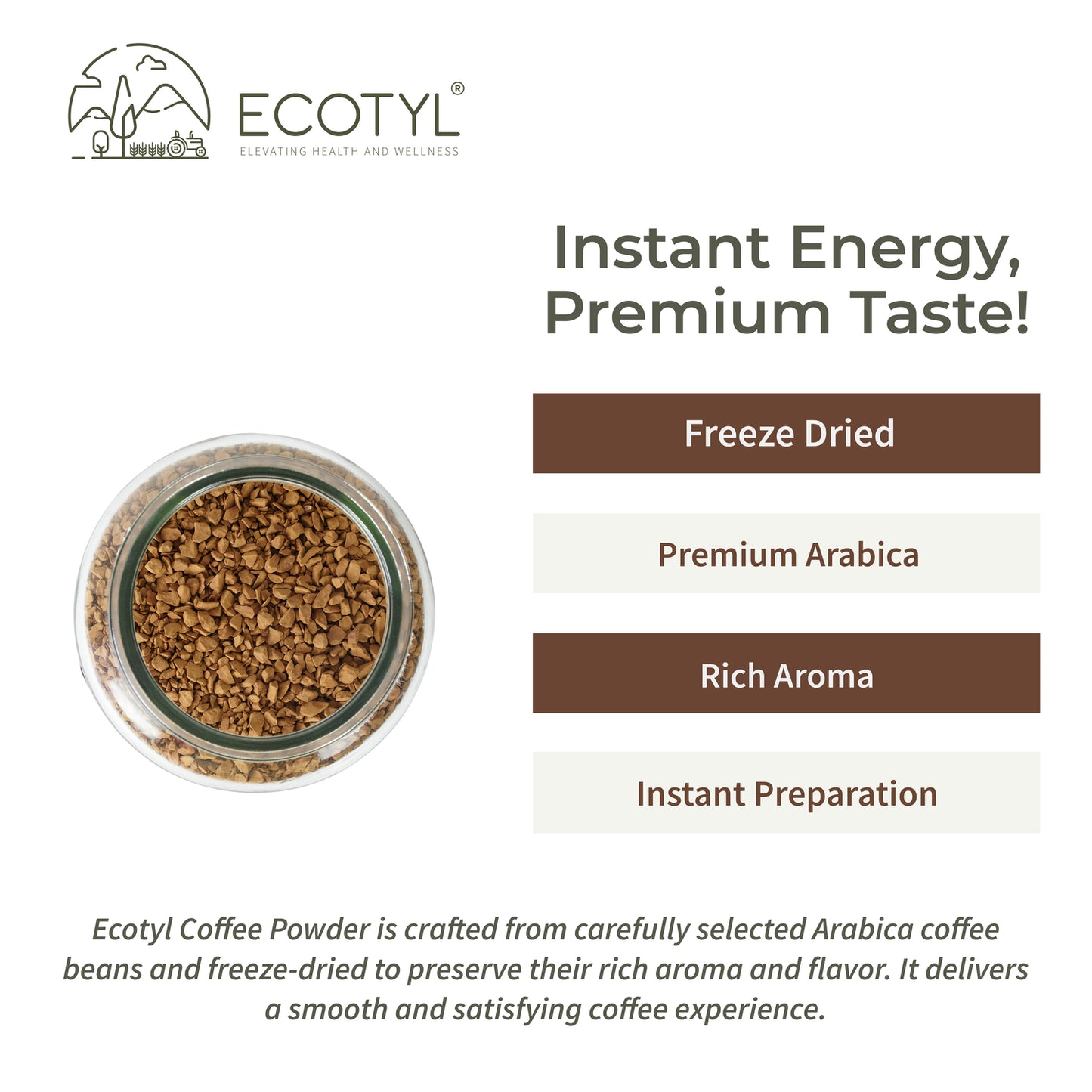 Ecotyl Instant Coffee Powder | Arabica Coffee | Freeze Dried  | 60g