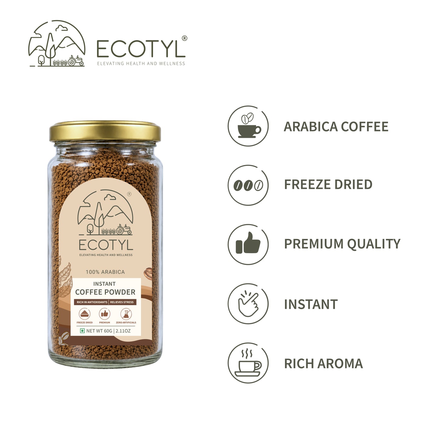 Ecotyl Instant Coffee Powder | Arabica Coffee | Freeze Dried  | 60g