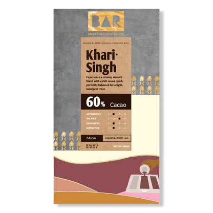BAR 60% Dark Chocolate | Khari Singh | 100 gm | Bean to Bar | Artisanal Chocolate | Single Origin Mangalore Cocoa | Salted Nuts | Bangalore Only