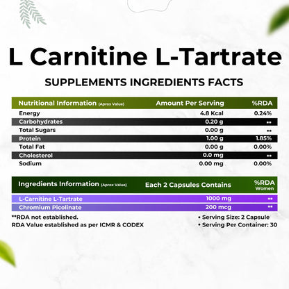 Health Veda Organics L Carnitine L-Tartrate, 1000mg | Pre-Workout Supplements | Supports Muscle Recovery & Endurance | For Both Men & Women I 60 Veg Capsules