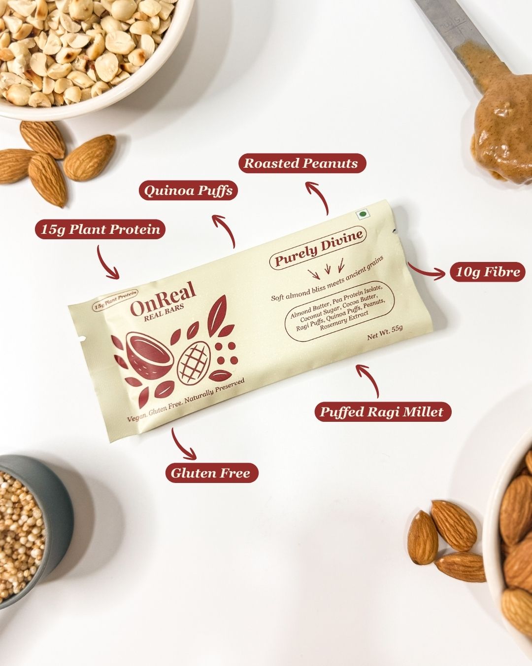 OnReal Purely Divine Plant-Based Protein Bars (Pack of 9 x 55g Each) | 15g Protein, No Refined Sugar, High Fiber | Almond Butter, Ragi & Quinoa Puffs | Vegan, Gluten-Free | Clean Label Snack