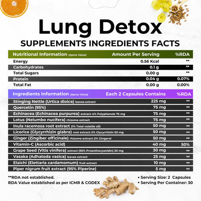 Health Veda Organics Lung Detox with Vitamin C & Grape Seed Extract | 60 Veg Capsules | Supports Healthy Breathing| For Detoxification of Lung & Immunity | For Both Men & Women