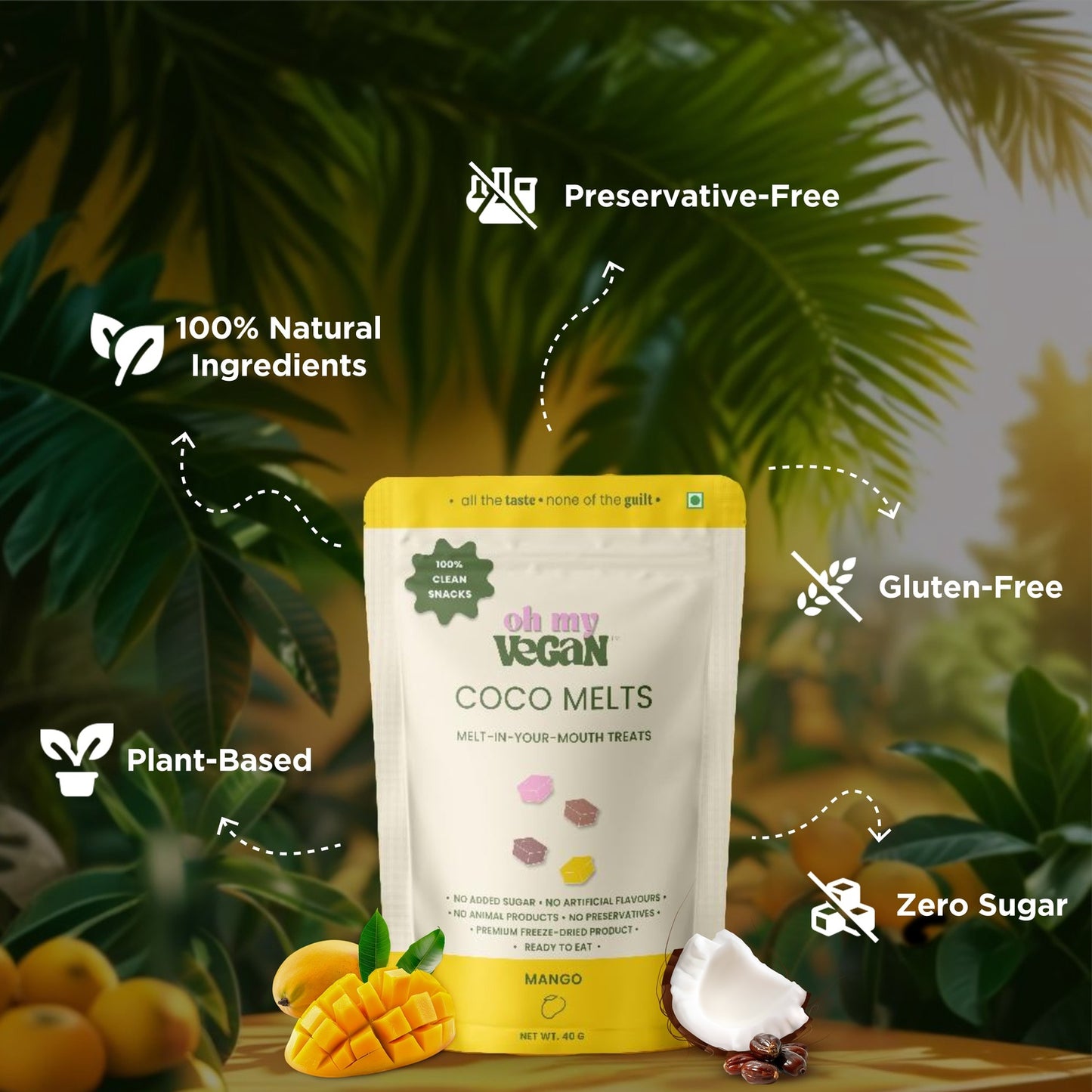Oh My Vegan Mango Coco Melts Combo Pack Of 2 – Healthy Plant Based Freeze-Dried Treats - 40 Grams x 2