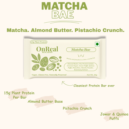 OnReal Matcha Bae Plant-Based Protein Bars (Pack of 3 x 55g Each) | 15g Protein, No Refined Sugar, High Fiber | Almond Butter, Pistachios & Matcha | Vegan, Gluten-Free | Clean Label Snack
