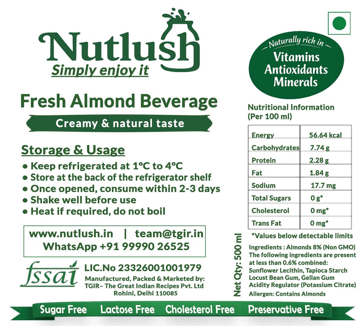 NUTLUSH Fresh Almond Milk Unsweetened | Delhi Only | Available in 1L, 2L & 3L