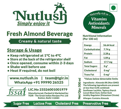 NUTLUSH Fresh Almond Milk Unsweetened | Delhi Only | Available in 1L, 2L & 3L