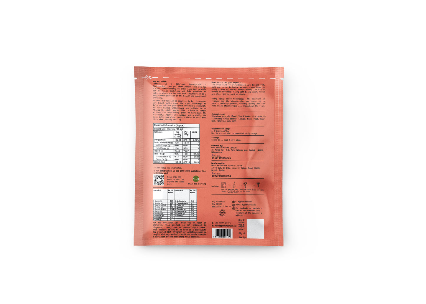 POD NUTRITION Pea Protein Isolate Powder | Vegan Plant Protein, No Added Sugar, Dairy Free| Clean & Easy to Digest with Essential Amino Acids (Real Strawberry Sachet Pack of 28)