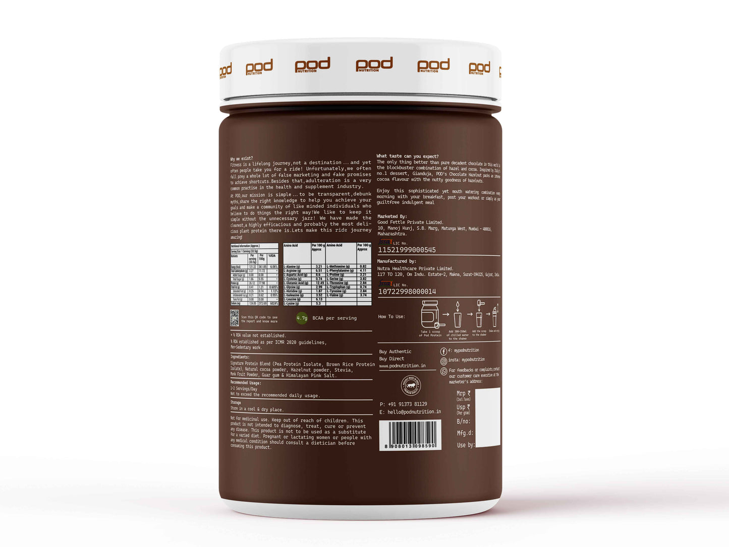 POD NUTRITION Pea Protein Isolate Powder | Vegan Plant Protein, No Added Sugar, Dairy Free| Clean & Easy to Digest with Essential Amino Acids (1kg, Chocolate Hazelnut)