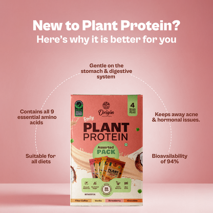 Origin Nutrition Plant Protein Powder, Assorted Pack , 4 sachets (Chocolate, Strawberry, Vanilla and Filter Coffee) , Single Servings