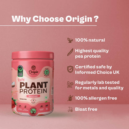 Origin Nutrition Plant Protein Powder Strawberry Flavour with 25g Protein Per Serving, 286g