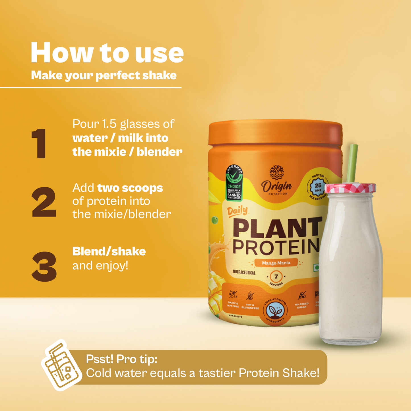 Origin Nutrition Plant Protein Powder Mango Flavour with 25g Protein Per Serving, 288g