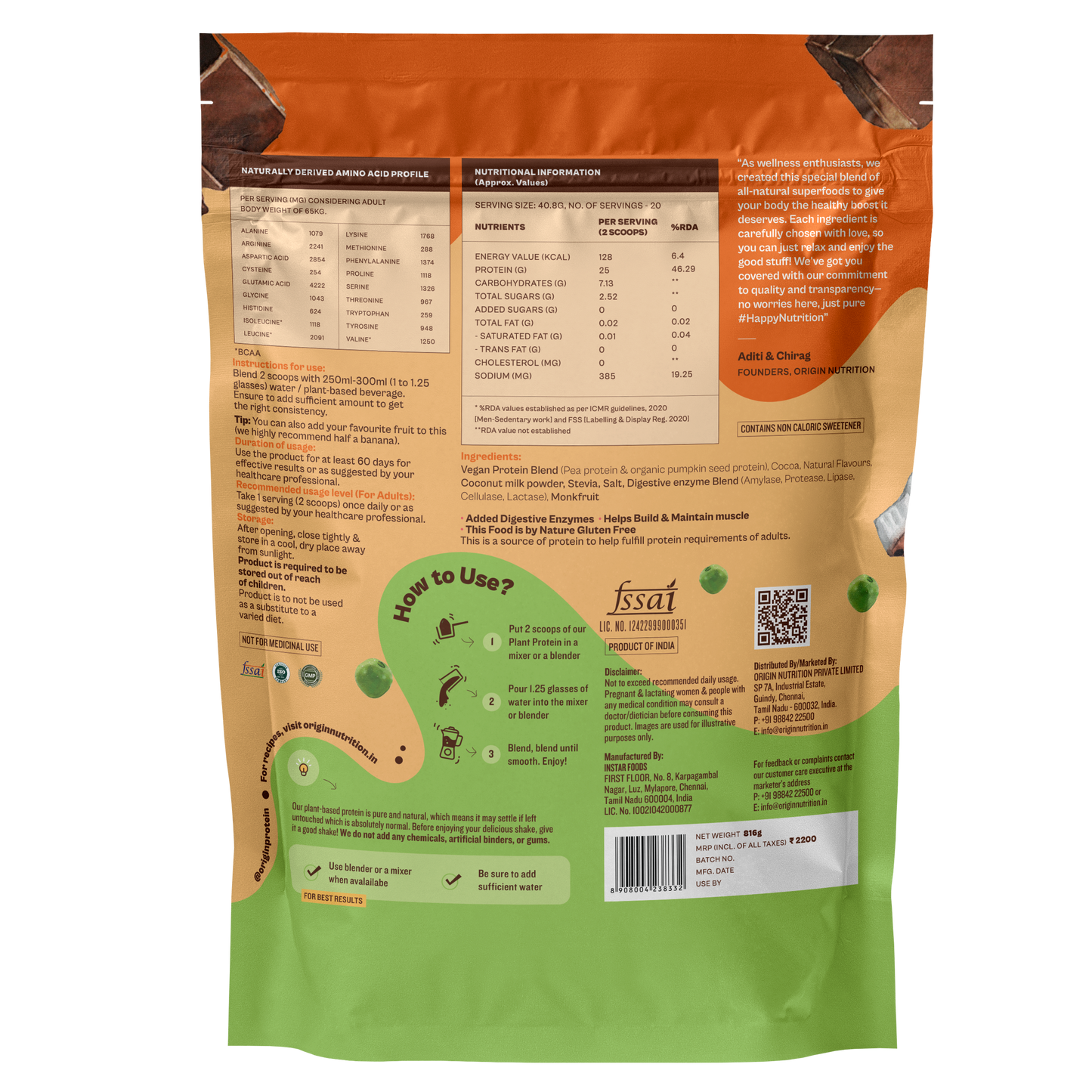 Origin Nutrition Plant Protein Powder Chocolate Flavour with 25g Protein per serving, 816g