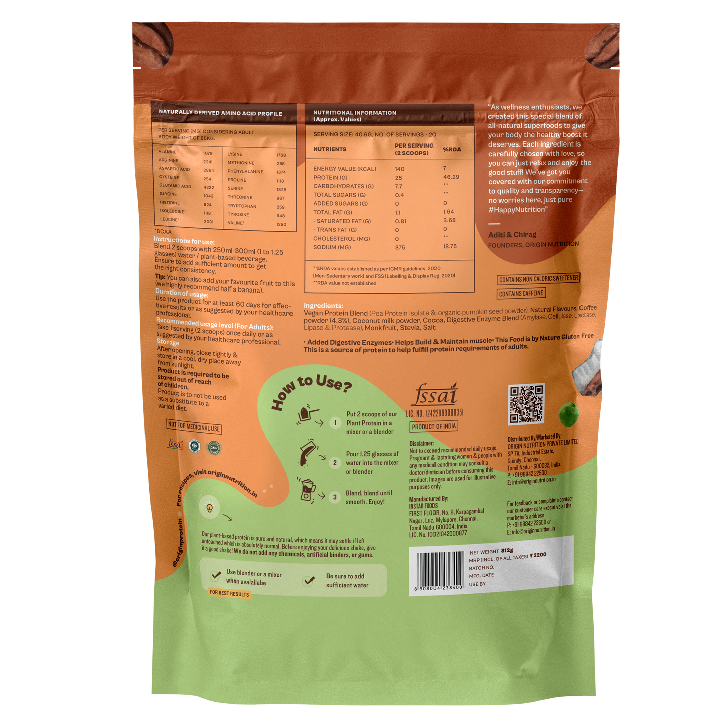 Origin Nutrition Plant Protein Powder Filter Coffee Flavour with 25g Protein Per Serving , 812g