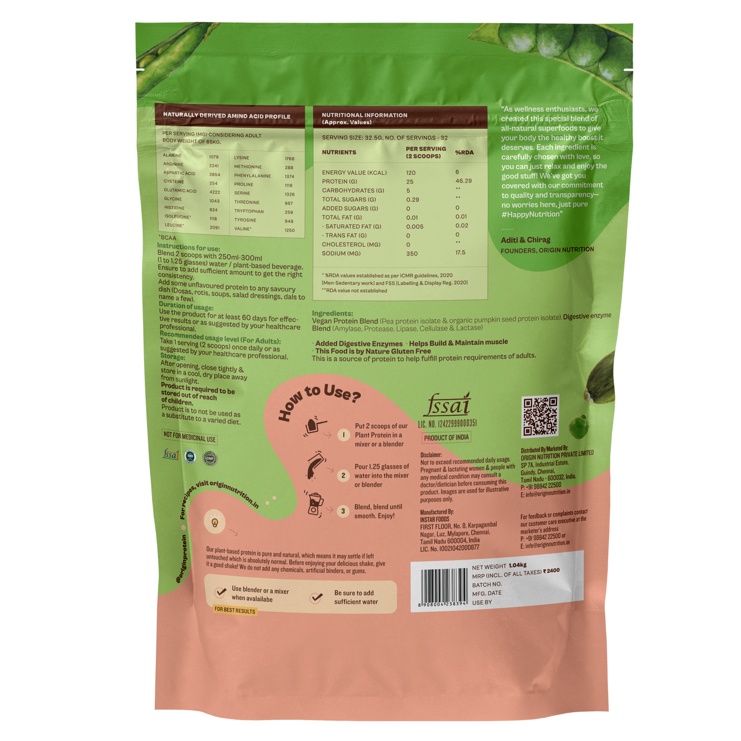 Origin Nutrition Plant Protein Powder Unflavoured with 25g Protein Per serving ,  1Kg