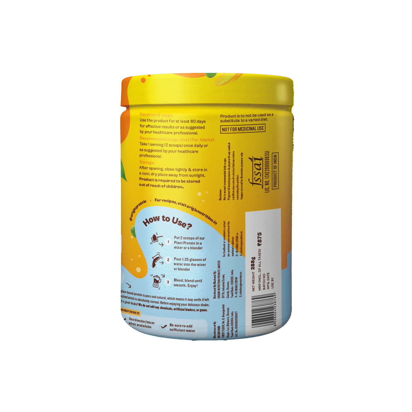 Origin Nutrition Plant Protein Powder Mango Flavour with 25g Protein Per Serving, 288g