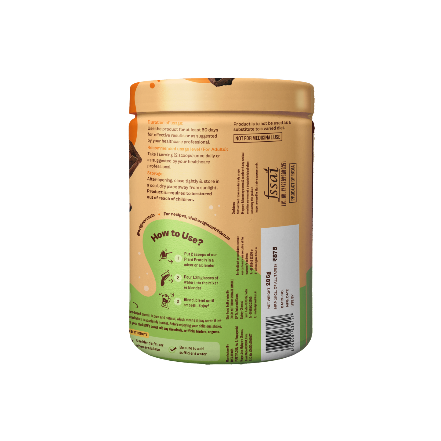 Origin Nutrition Plant Protein Powder Chocolate Flavour With 25g Protein Per Serving,286g