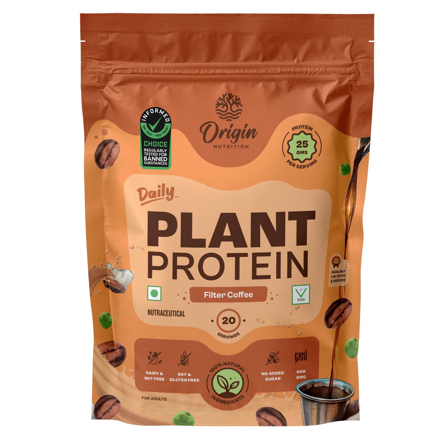 Origin Nutrition Plant Protein Powder Filter Coffee Flavour with 25g Protein Per Serving , 812g