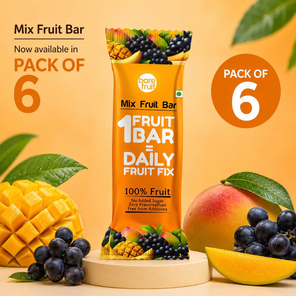 Barefruit Mix Fruit Bar - Mango - Pack of 6 (25g Each)