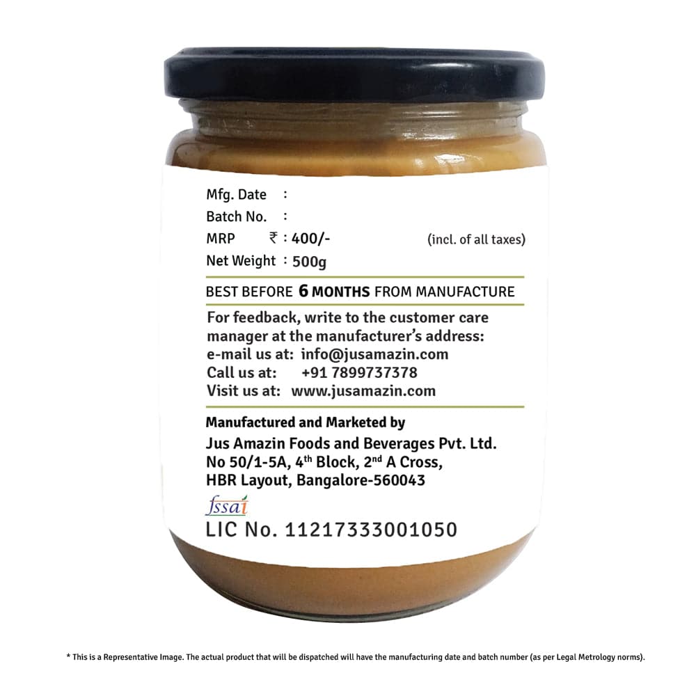Jus Amazin Creamy Organic Peanut Butter - Unsweetened (500g) | 31% Protein | Clean Nutrition | Single Ingredient - 100% Organic Peanuts | Zero Additives | plant based & Dairy Free