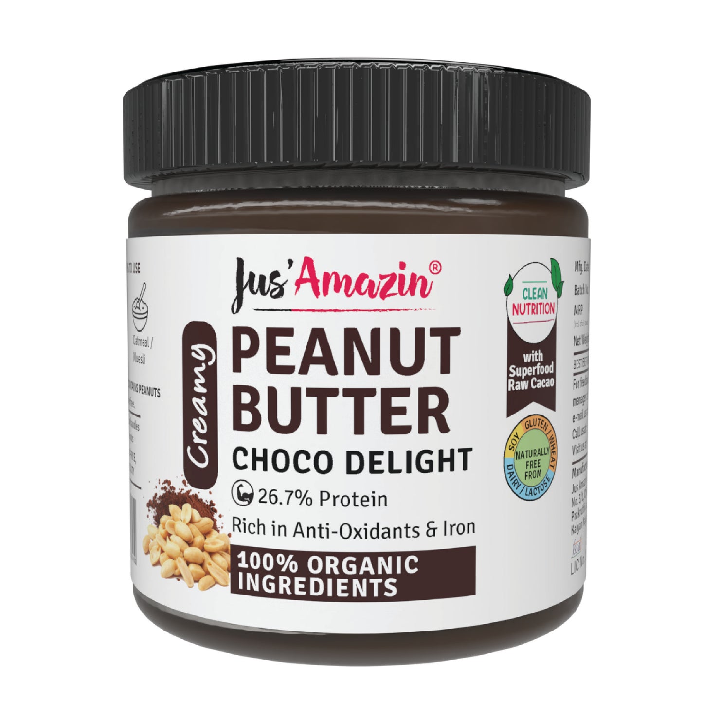 Jus Amazin Creamy Organic Peanut Butter – Choco Delight (200g) | 26.7% Protein | Clean Nutrition | 82% Organic Peanuts | Superfood Raw Cacao | No Refined Sugar | Zero Chemicals | plant based &  Dairy-Free | 100% Organic