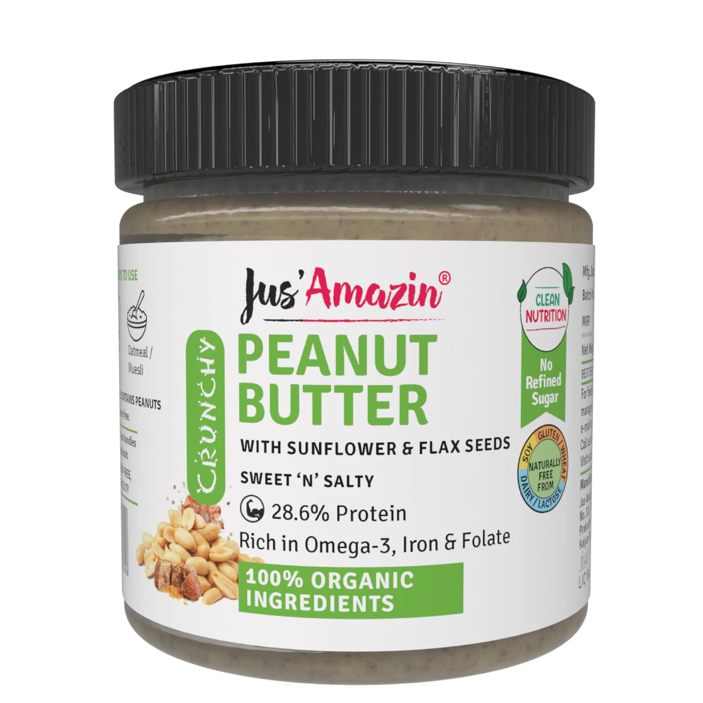 Jus Amazin Crunchy Organic Peanut Butter – With Flax and Sunflower Seeds (200g)