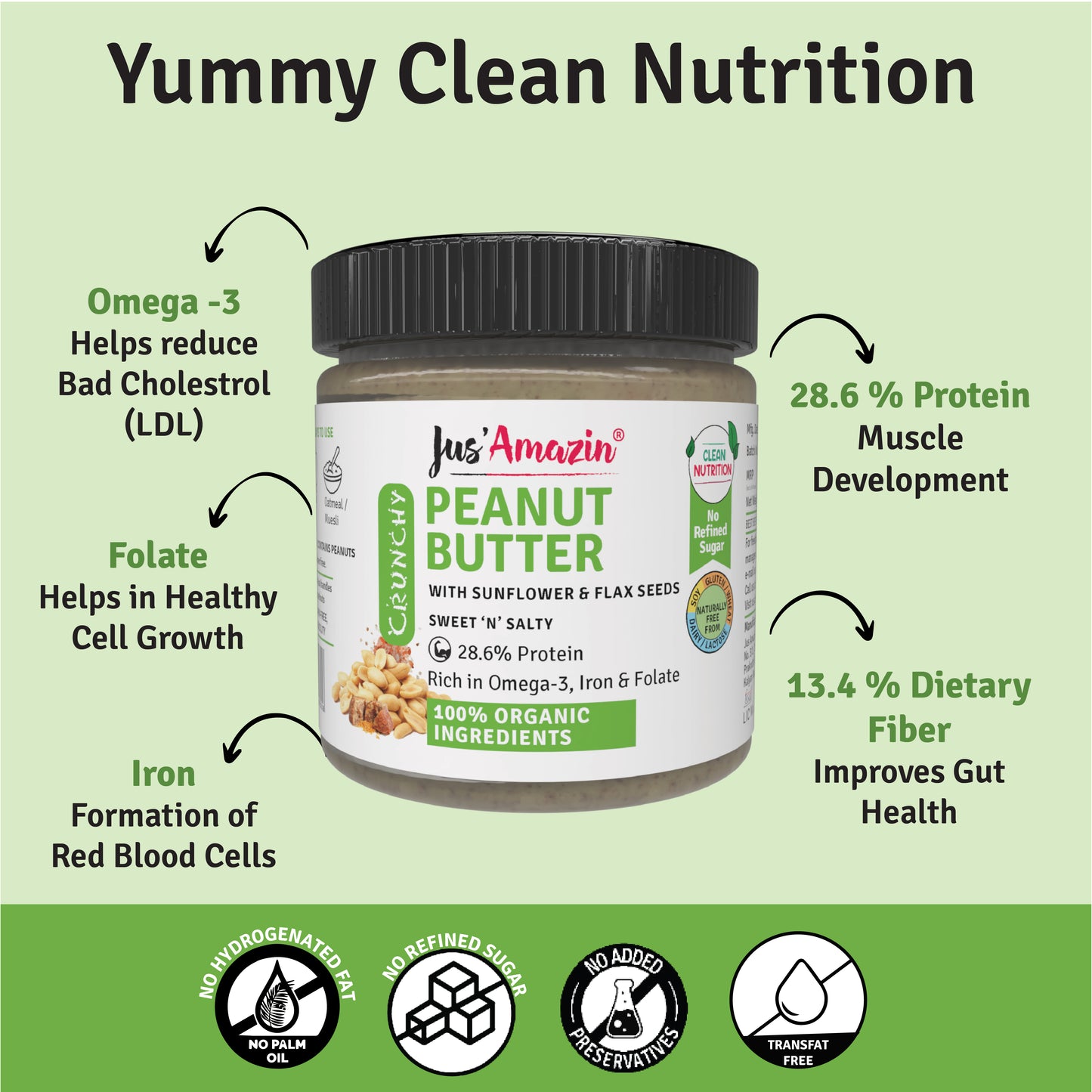 Jus Amazin Crunchy Organic Peanut Butter – With Flax and Sunflower Seeds (200g)